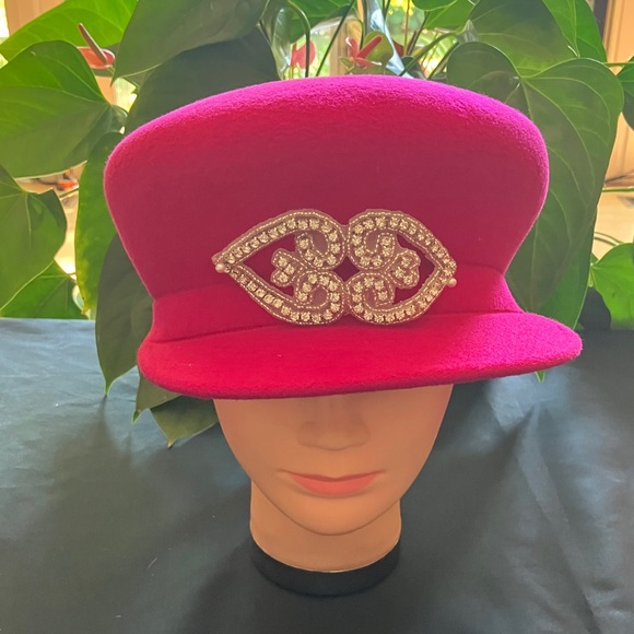 Elegant Fuchsia Pink Hat with Silver Rhinestone Beaded Embellishment - Picture 1 of 4